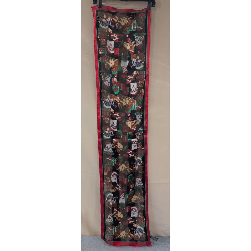 Christmas Dogs Puppies Holiday Scarf Black Red Border Oblong Polyester - Picture 1 of 6